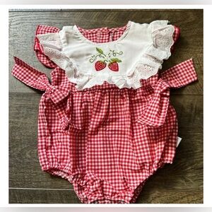 Red Gingham Strawberry Embroidered Baby Romper